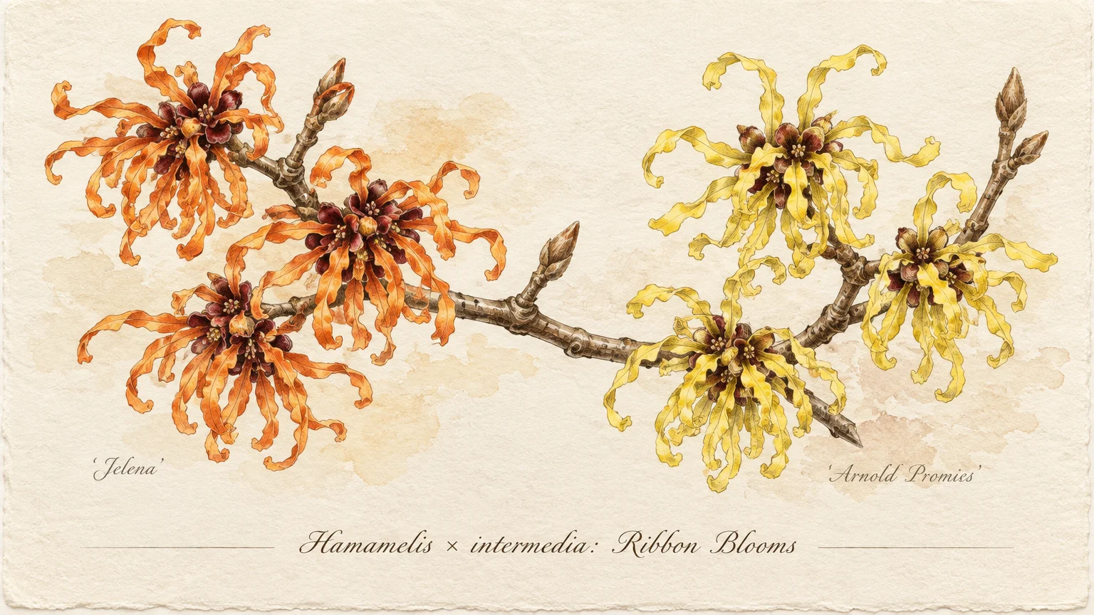 Botanical watercolor illustration of witch hazel branches featuring copper-orange and yellow ribbon-like blooms.