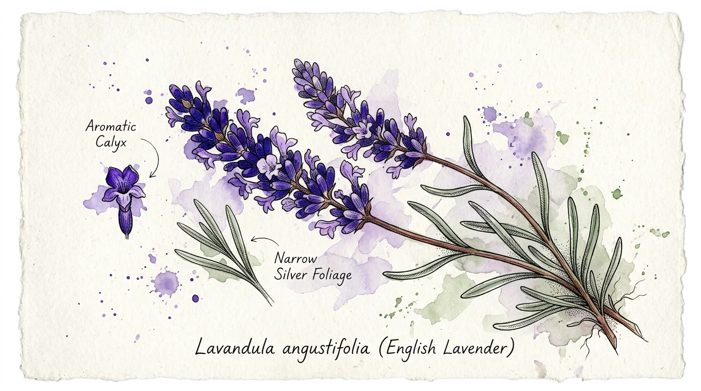 Botanical watercolor illustration of English lavender with labeled diagrams of purple flower spikes, calyx, and foliage.