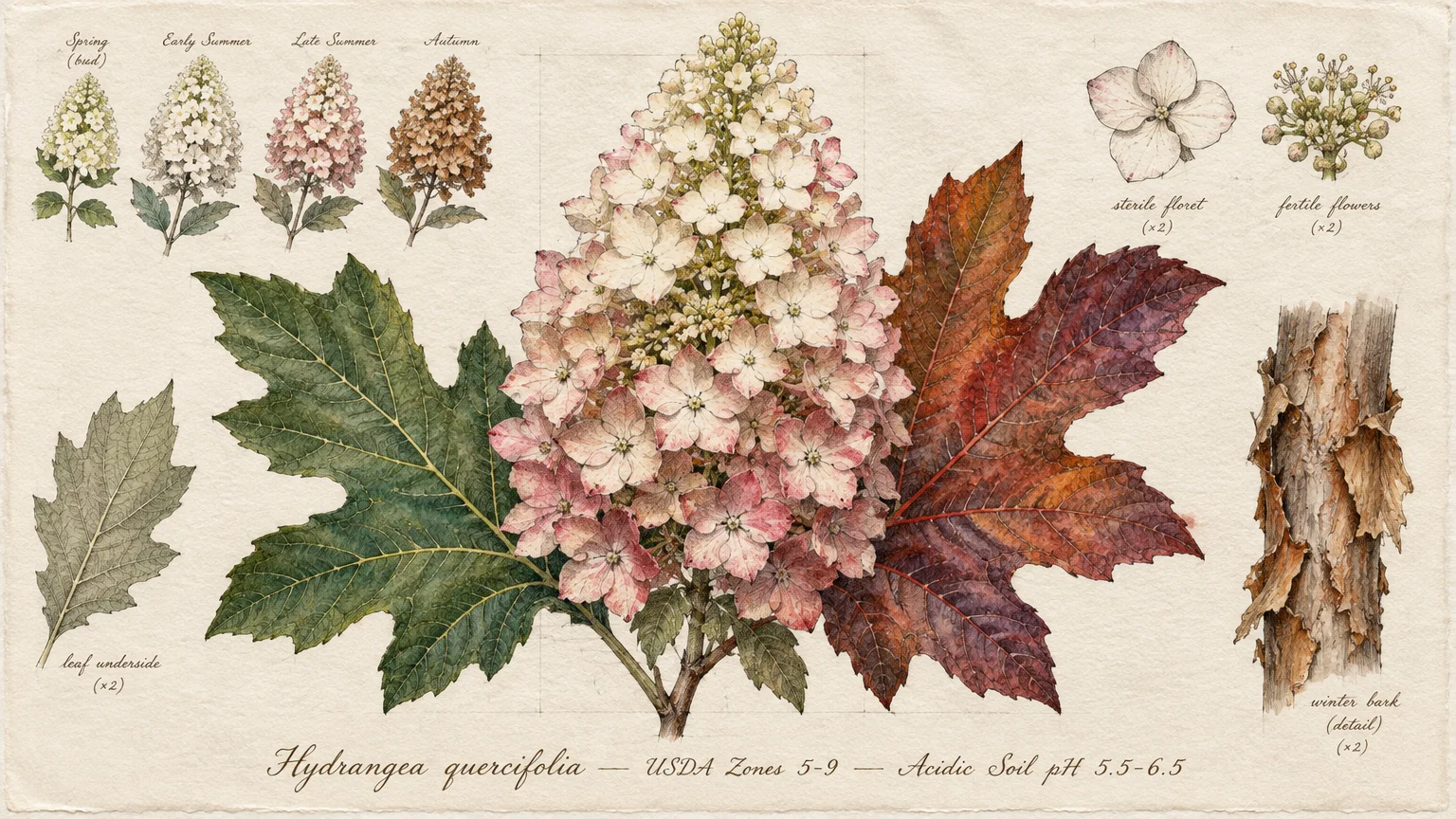 Botanical illustration of oakleaf hydrangea flower heads, lobed green and burgundy leaves, peeling bark, and florets.