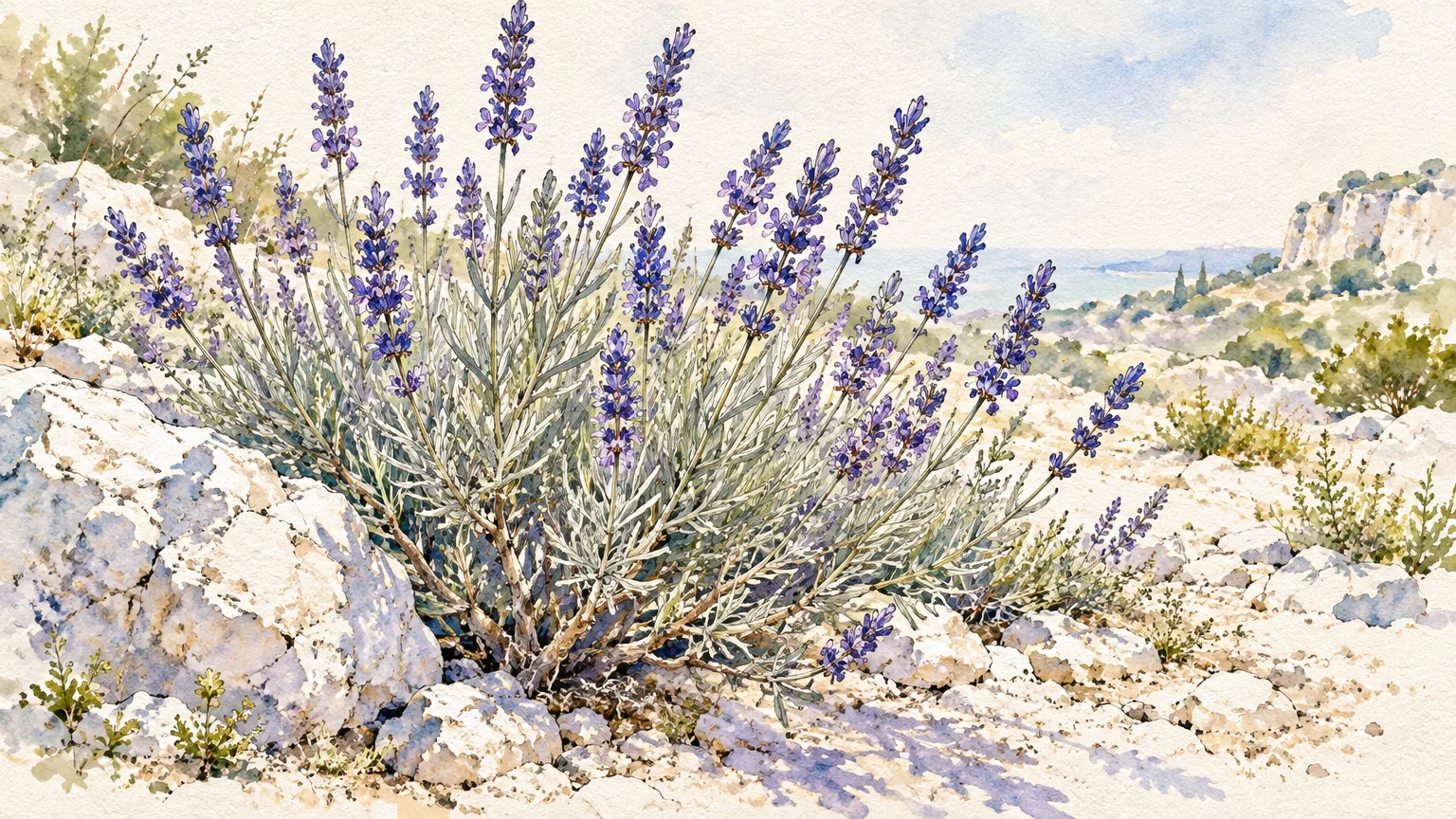 Watercolor illustration of a blooming purple lavender bush growing amidst pale, rocky ground overlooking a coastal landscape.