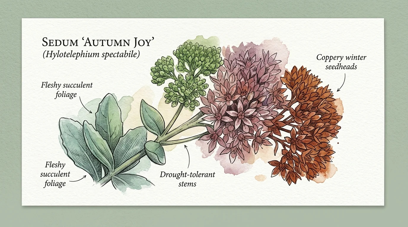 Botanical illustration of Sedum Autumn Joy showing foliage, green buds, pink flowers, and coppery winter seedheads.