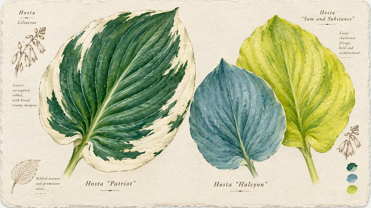 Botanical watercolor illustration of three hosta leaves: variegated Patriot, blue Halcyon, and chartreuse Sum and Substance.