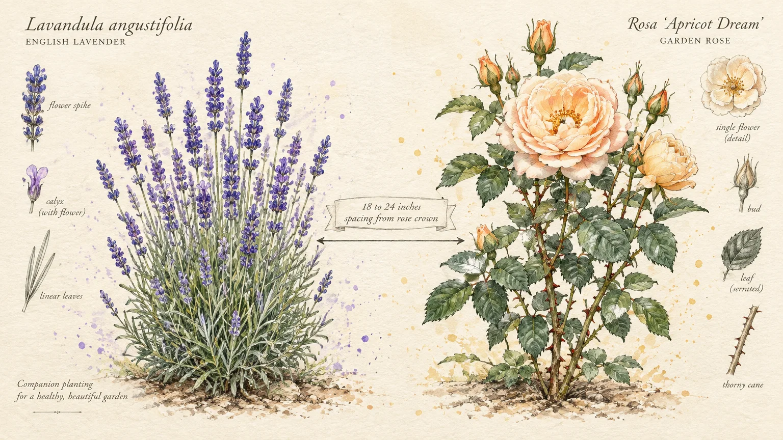 Botanical watercolor illustration of English lavender and an apricot rose bush with botanical diagrams and a spacing label.