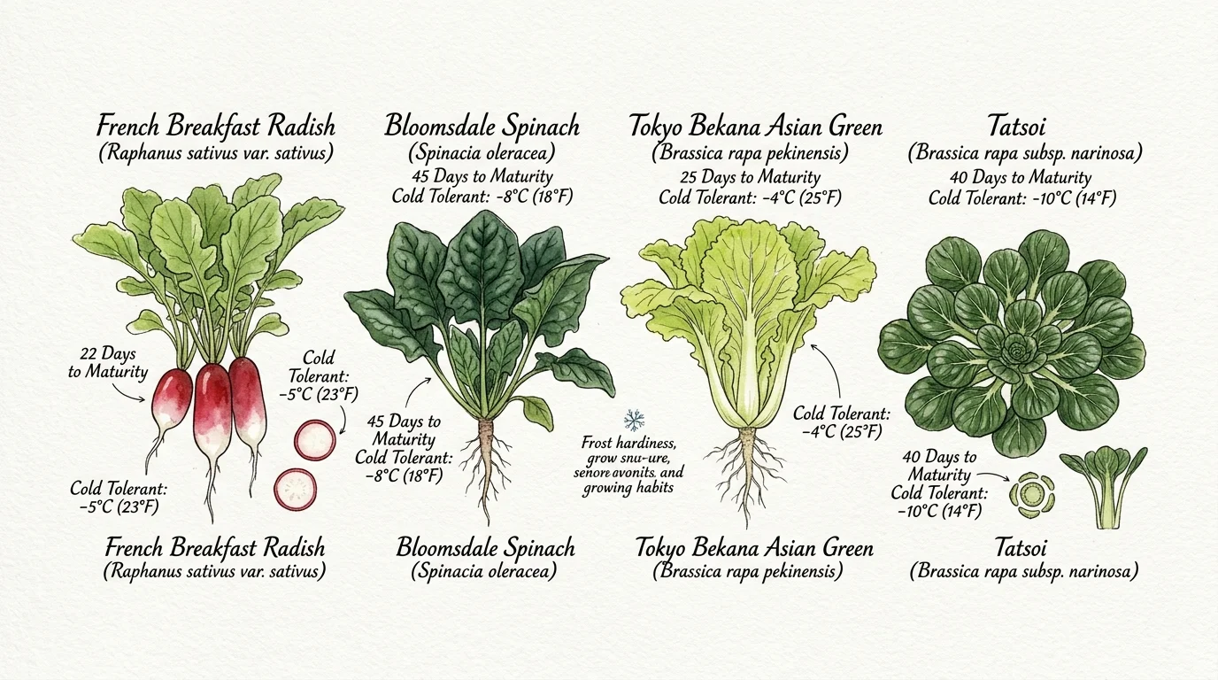 Botanical illustrations of French Breakfast Radish, Bloomsdale Spinach, Tokyo Bekana, and Tatsoi with maturity times.