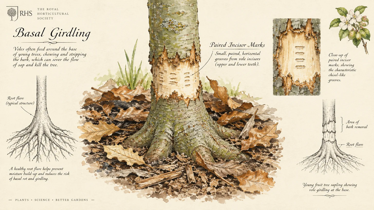 Botanical illustration showing basal girdling and paired vole incisor marks on the lower trunk of a young tree.