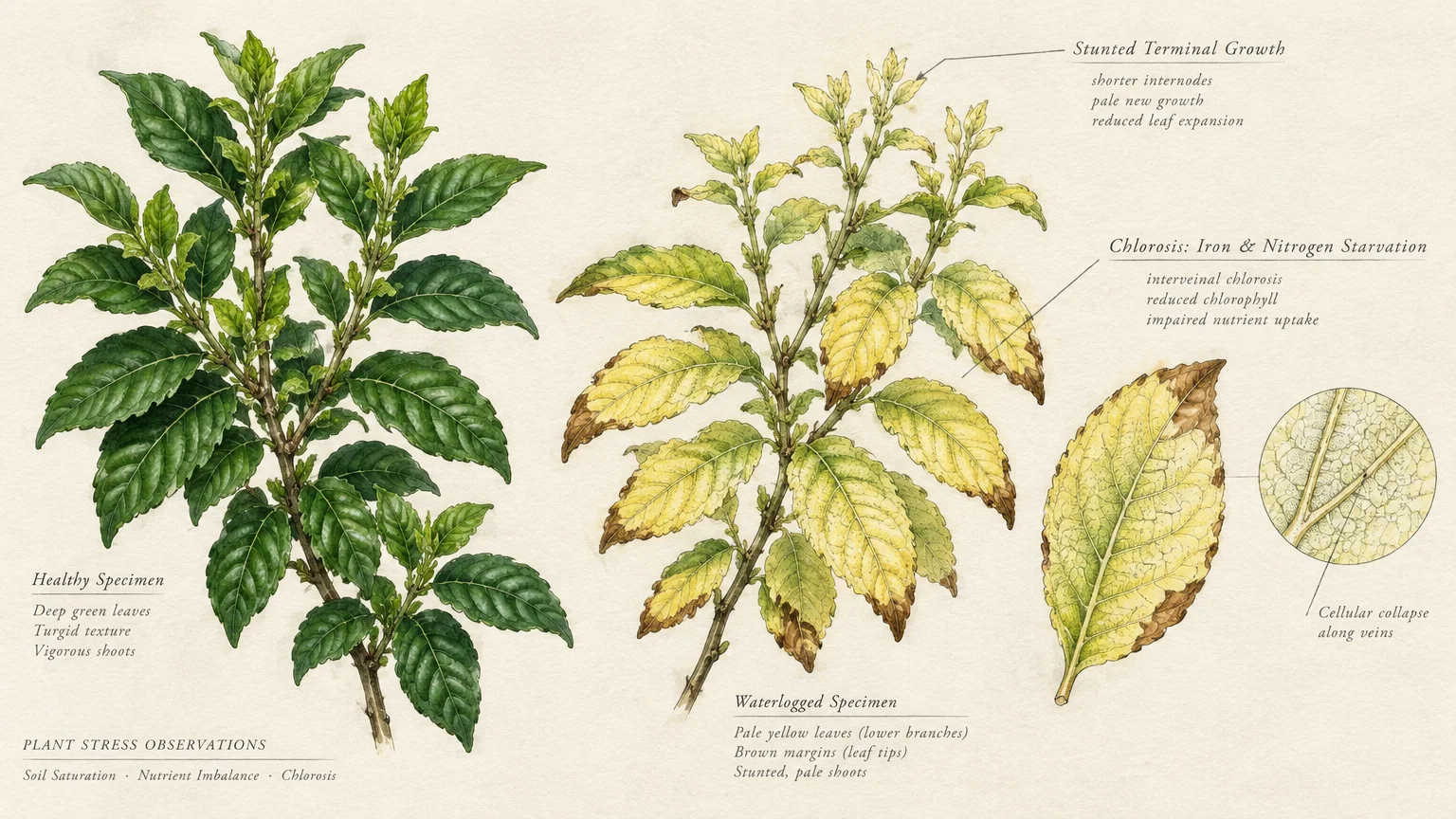 Botanical illustration comparing a healthy green plant specimen with a waterlogged specimen showing yellowing chlorotic leaves.