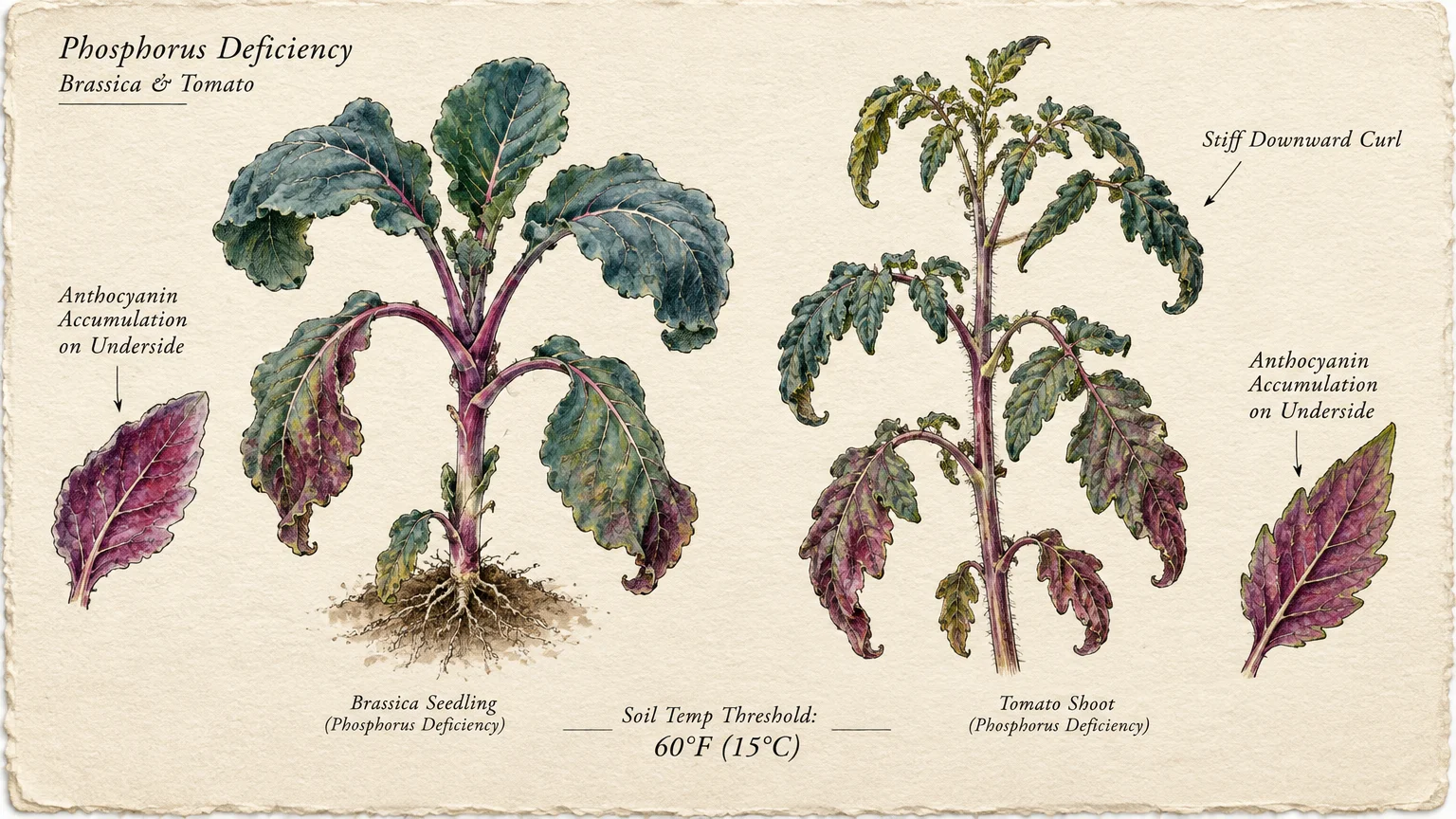 Botanical illustrations of a brassica seedling and tomato shoot showing purpling undersides and curled, dark blue-green leaves.