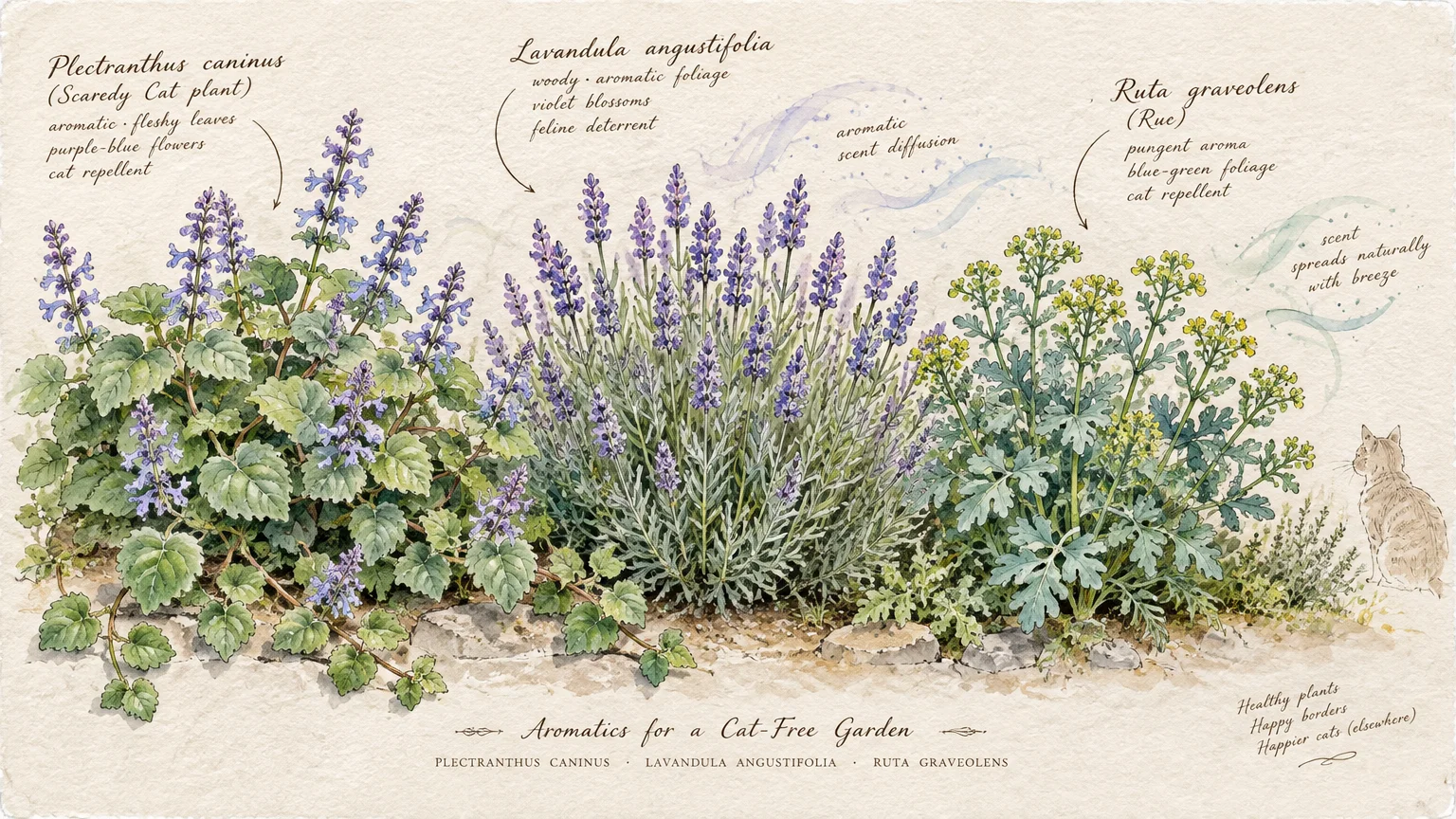 Botanical illustration of scaredy cat plant, lavender, and rue in a garden border with labels and a cat sitting nearby.