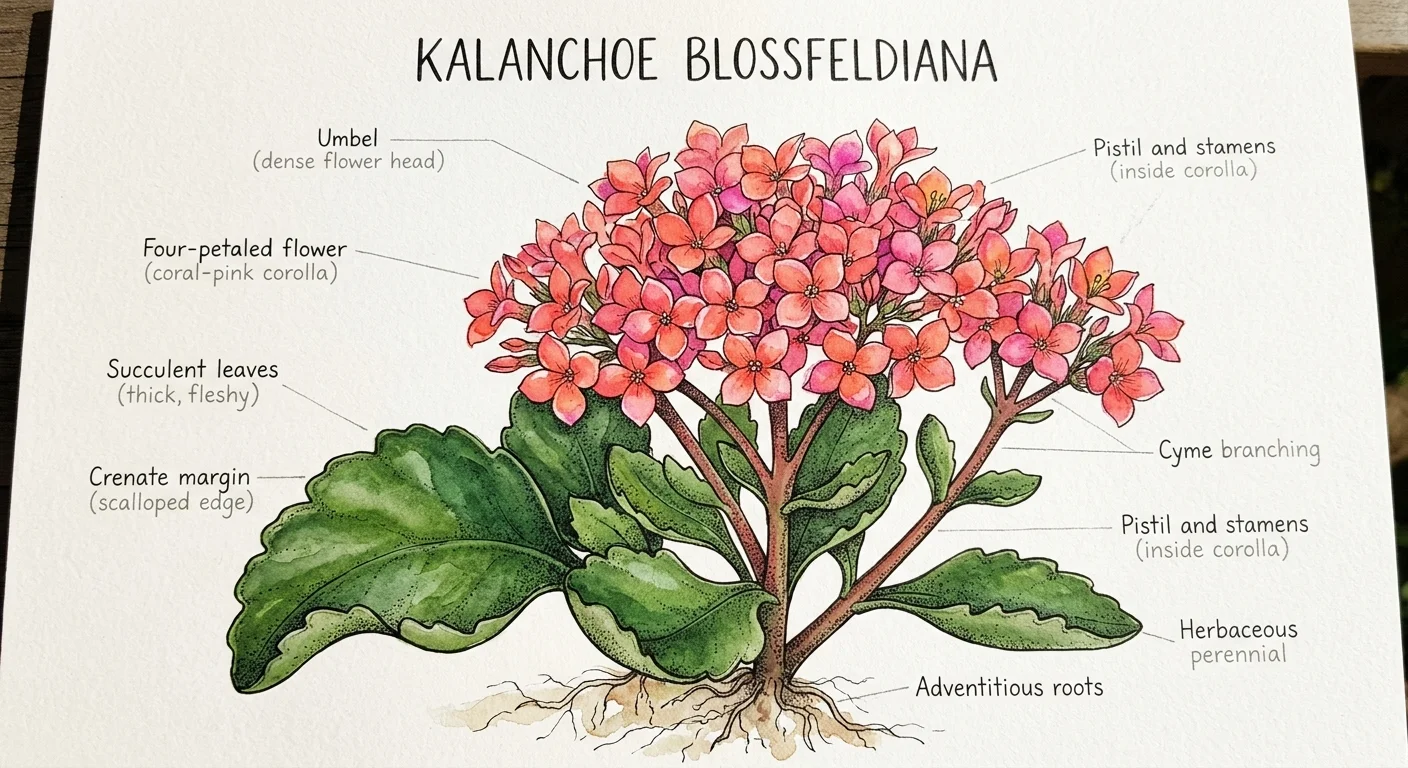 Botanical watercolor diagram of Kalanchoe blossfeldiana with labeled coral-pink flowers, scalloped green leaves, and roots.