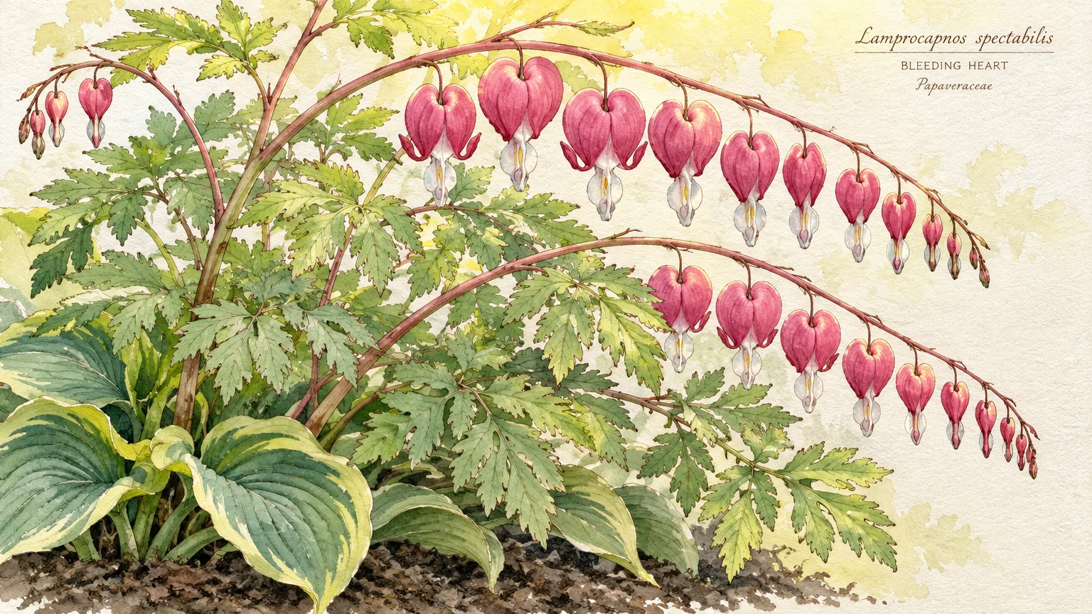 Botanical watercolor illustration of arching bleeding heart stems with pink pendant blossoms above green foliage and soil.