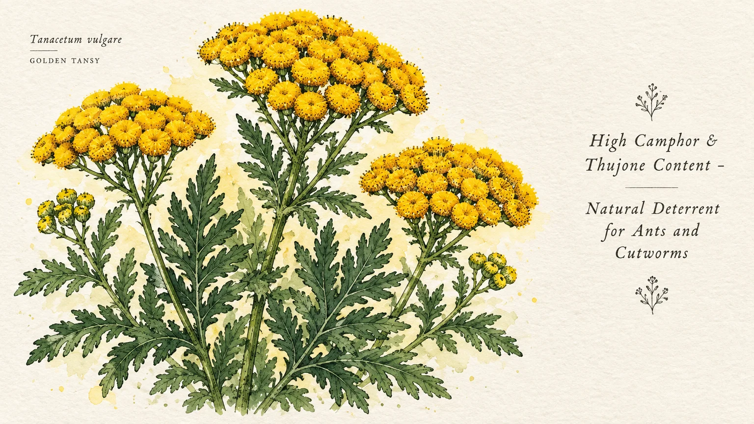 Botanical illustration of golden tansy with clusters of small yellow button-like flowers and green fern-like leaves.