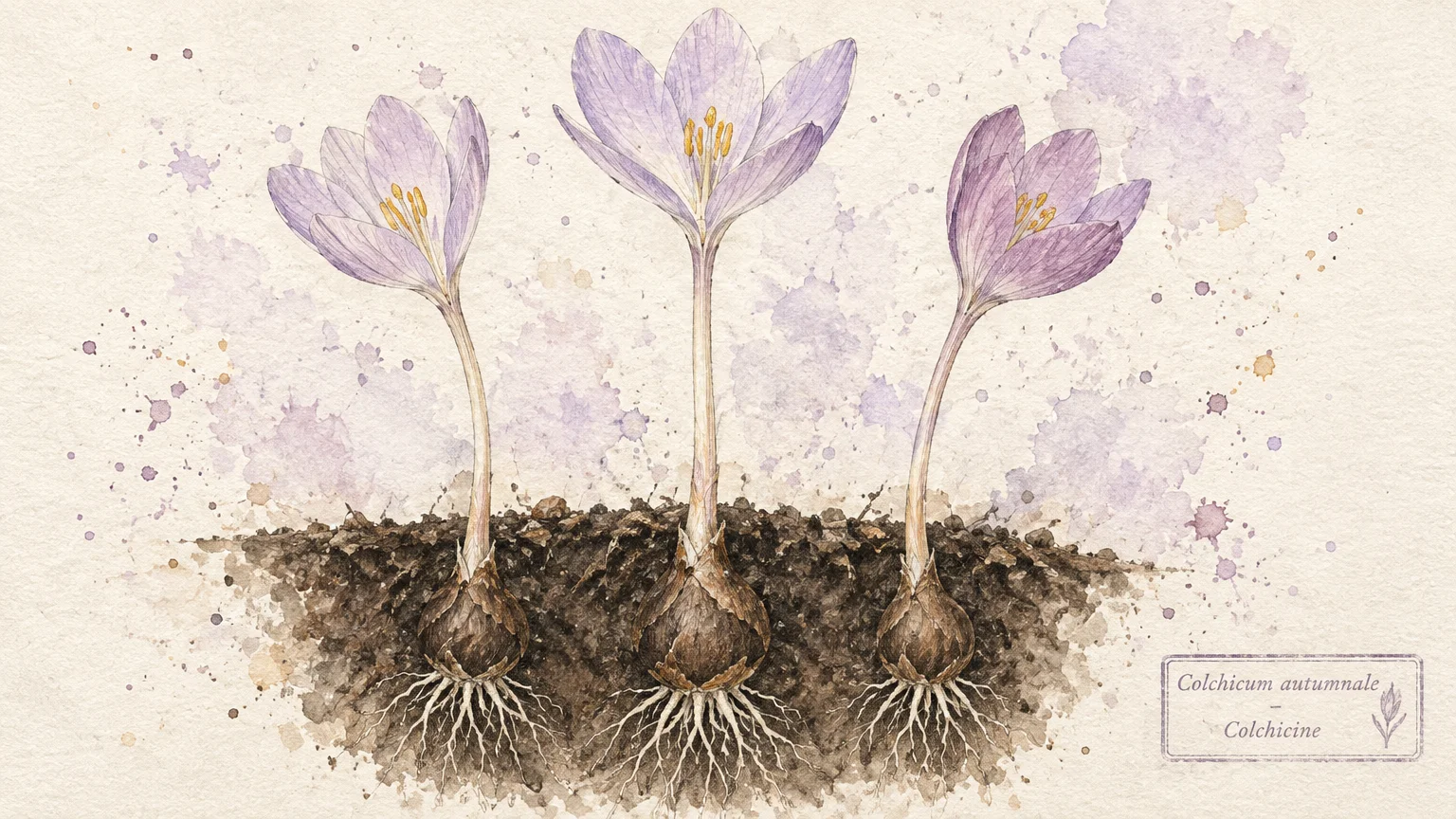 Watercolor botanical illustration of three purple autumn crocus flowers showing their subterranean corms and roots in soil.