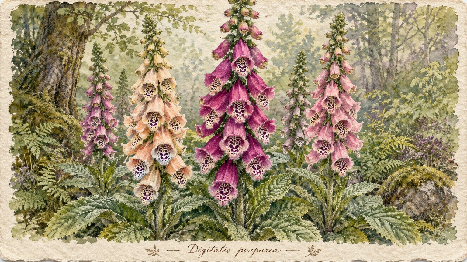 Watercolor illustration of tall flowering foxglove spires in apricot, purple, and pink blooming in a woodland setting.