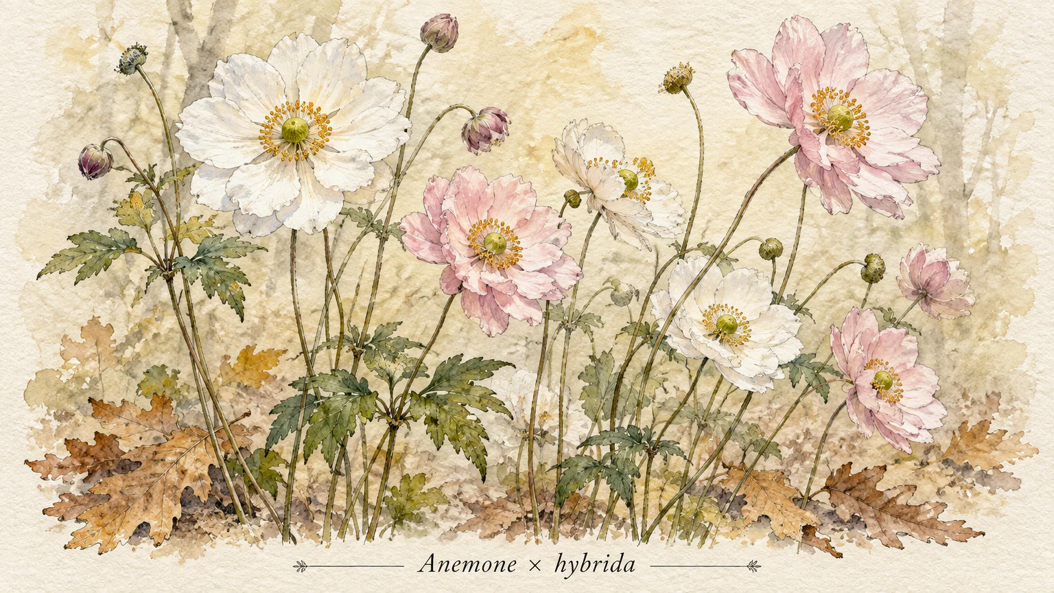Watercolor illustration of white and pink Japanese anemones blooming amidst dry fallen autumn leaves.