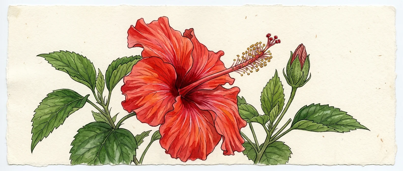 Botanical watercolor illustration of a red hibiscus bloom with green leaves and a flower bud on off-white paper.