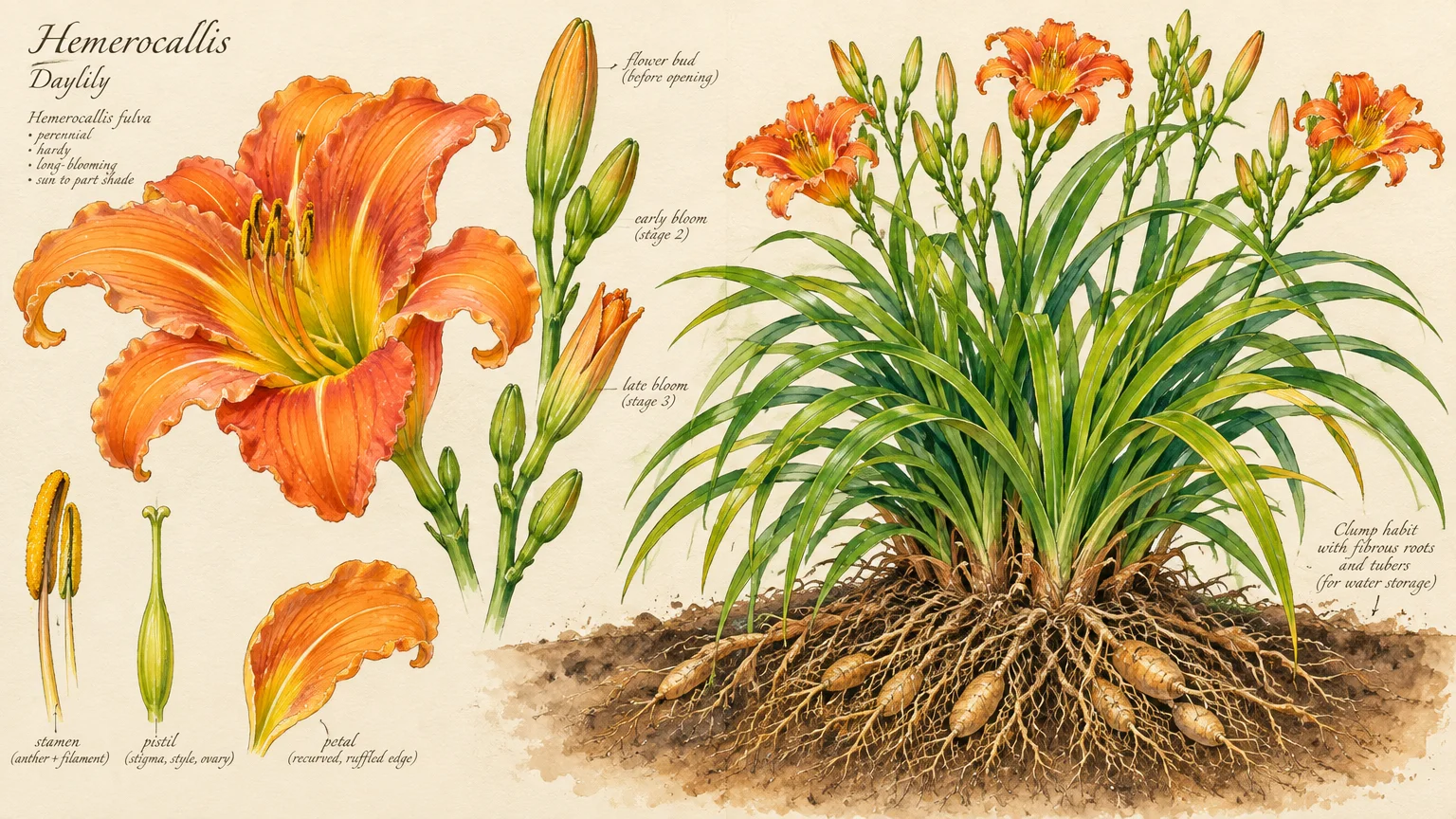 Botanical illustration of an orange daylily plant with anatomy diagrams, blooming flowers, arching leaves, and roots.