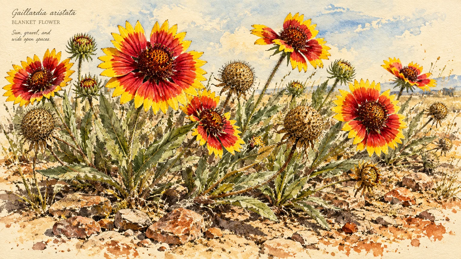 Watercolor illustration of blanket flowers with bright red and yellow petals growing in dry, rocky desert soil.