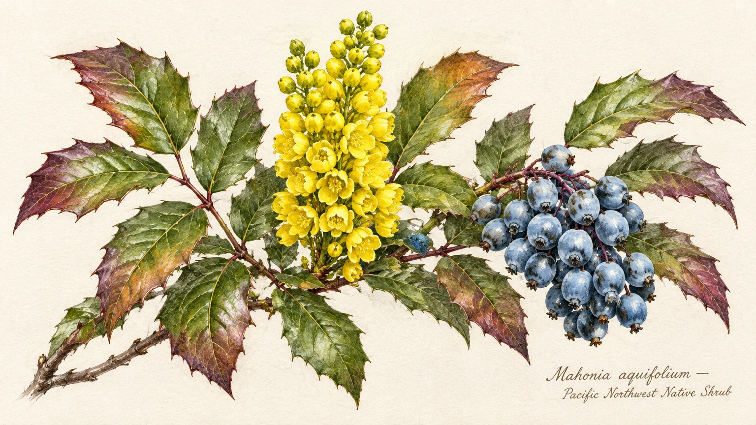 Botanical illustration of Oregon grape holly showing spiky leaves, a cluster of yellow flowers, and dusky blue berries.
