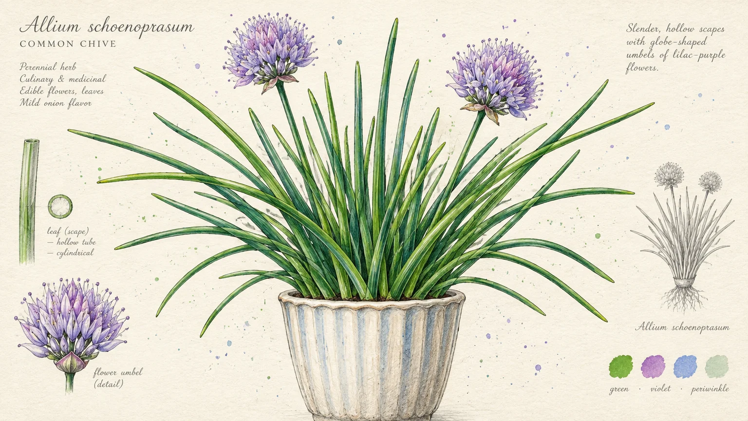 Botanical illustration of a potted chive plant with purple globe flowers, green scapes, and botanical diagrams.