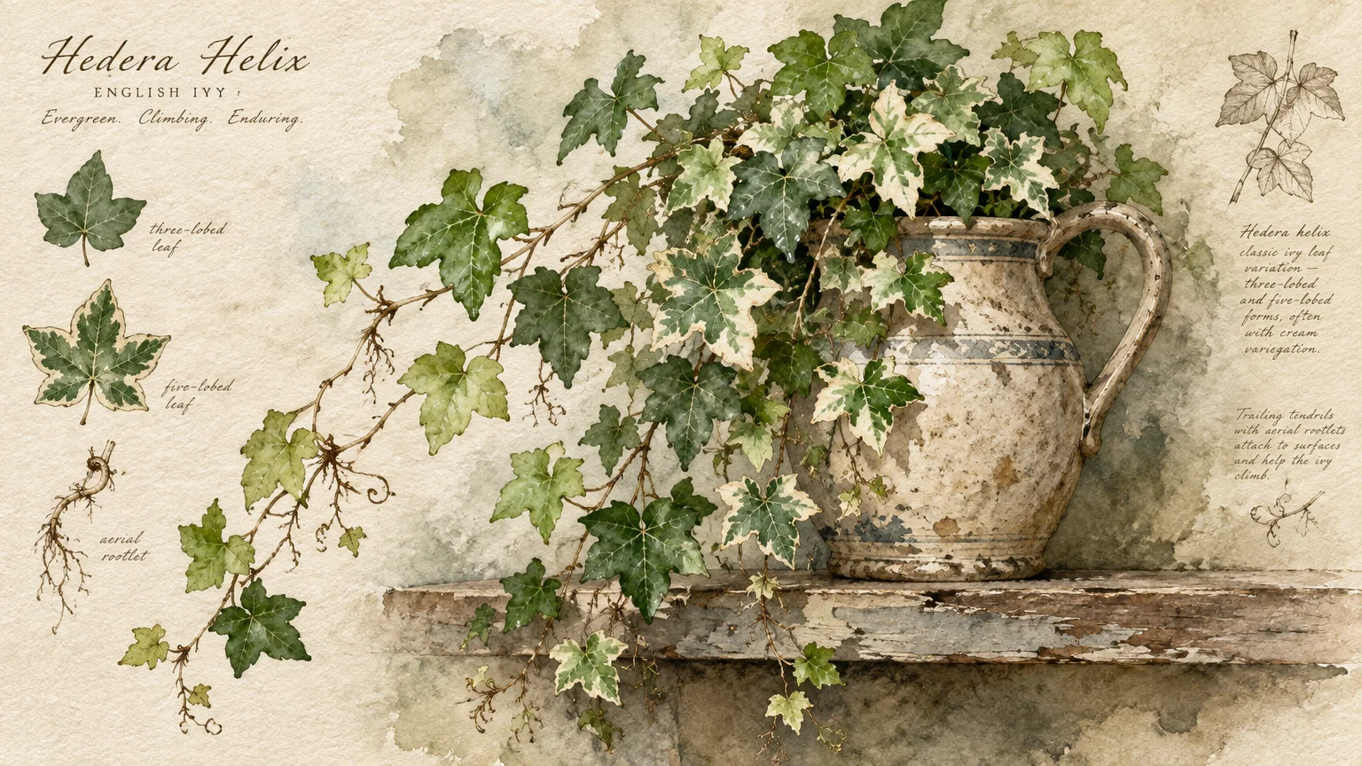 Botanical watercolor illustration of variegated English ivy trailing from a ceramic jug on a rustic wooden shelf.