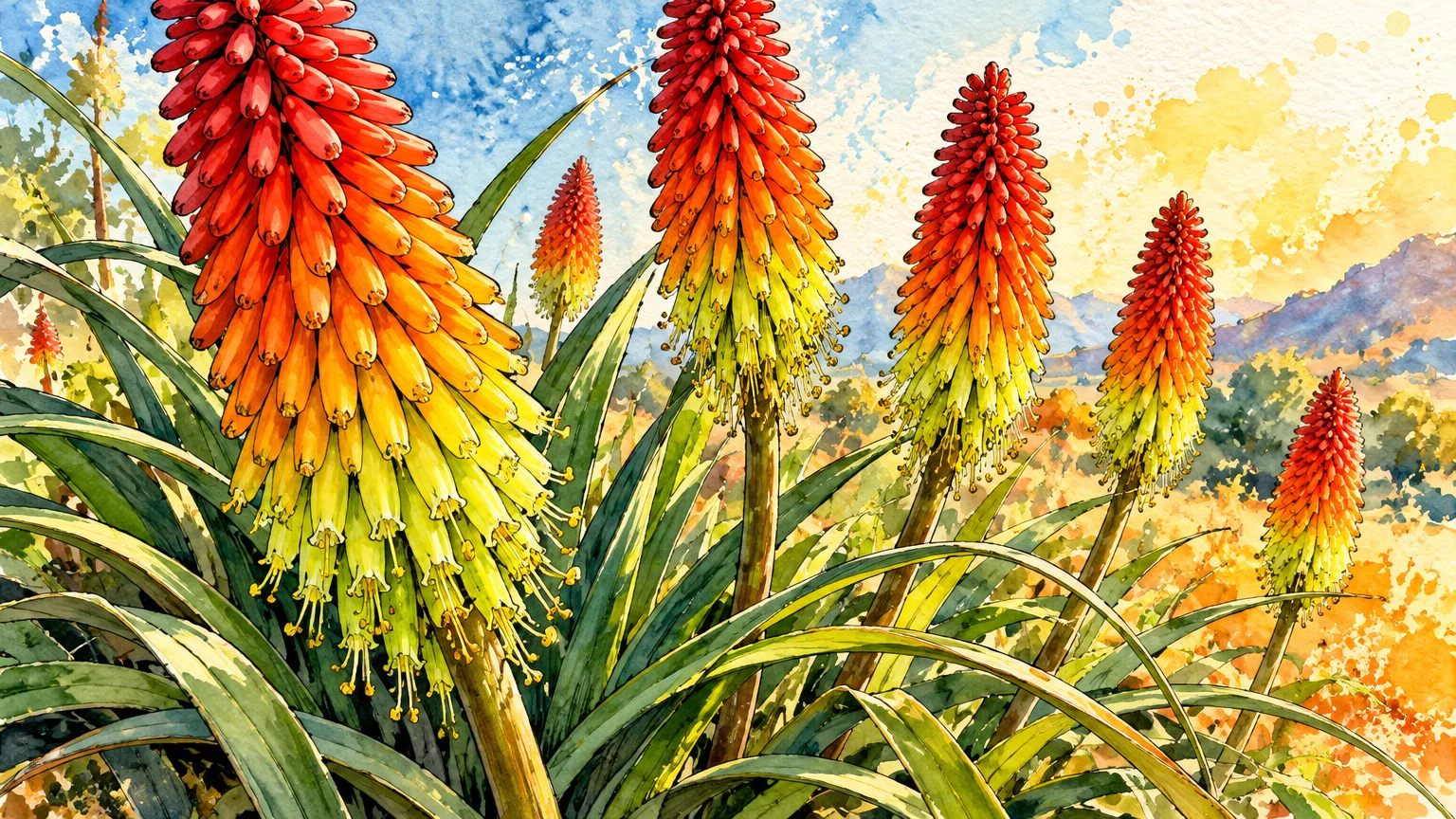 Watercolor illustration of red hot poker flowers showing fiery red and yellow cylindrical blooms over strappy green leaves.