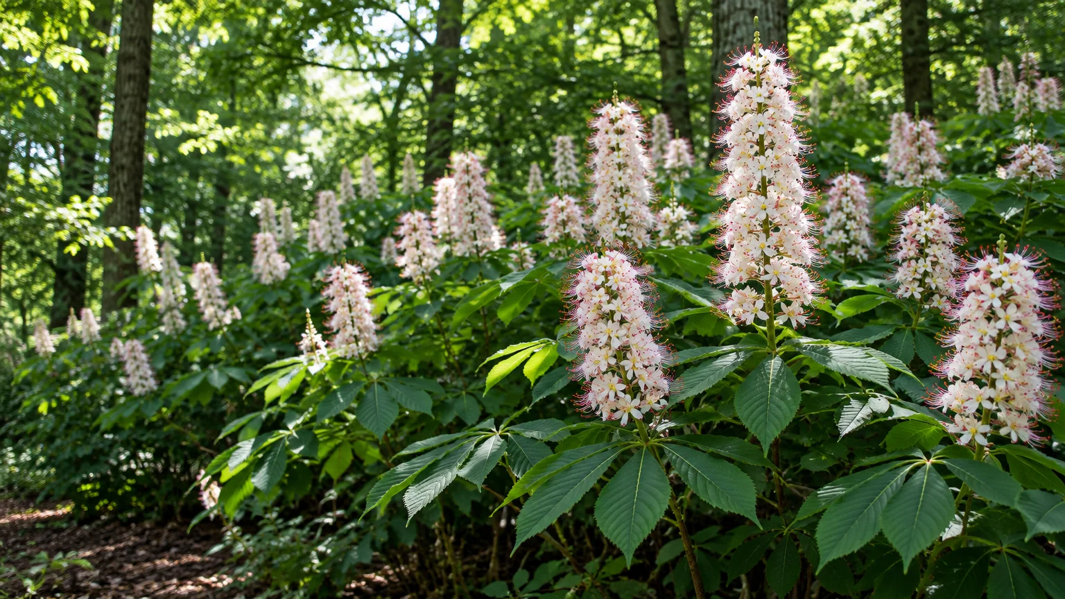 Tall cylindrical spikes of white flowers with red anthers rising above palmate green leaves in a woodland forest.