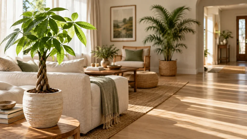 Potted braided money tree on a wooden table beside a white sofa in a sunlit living room with plants.