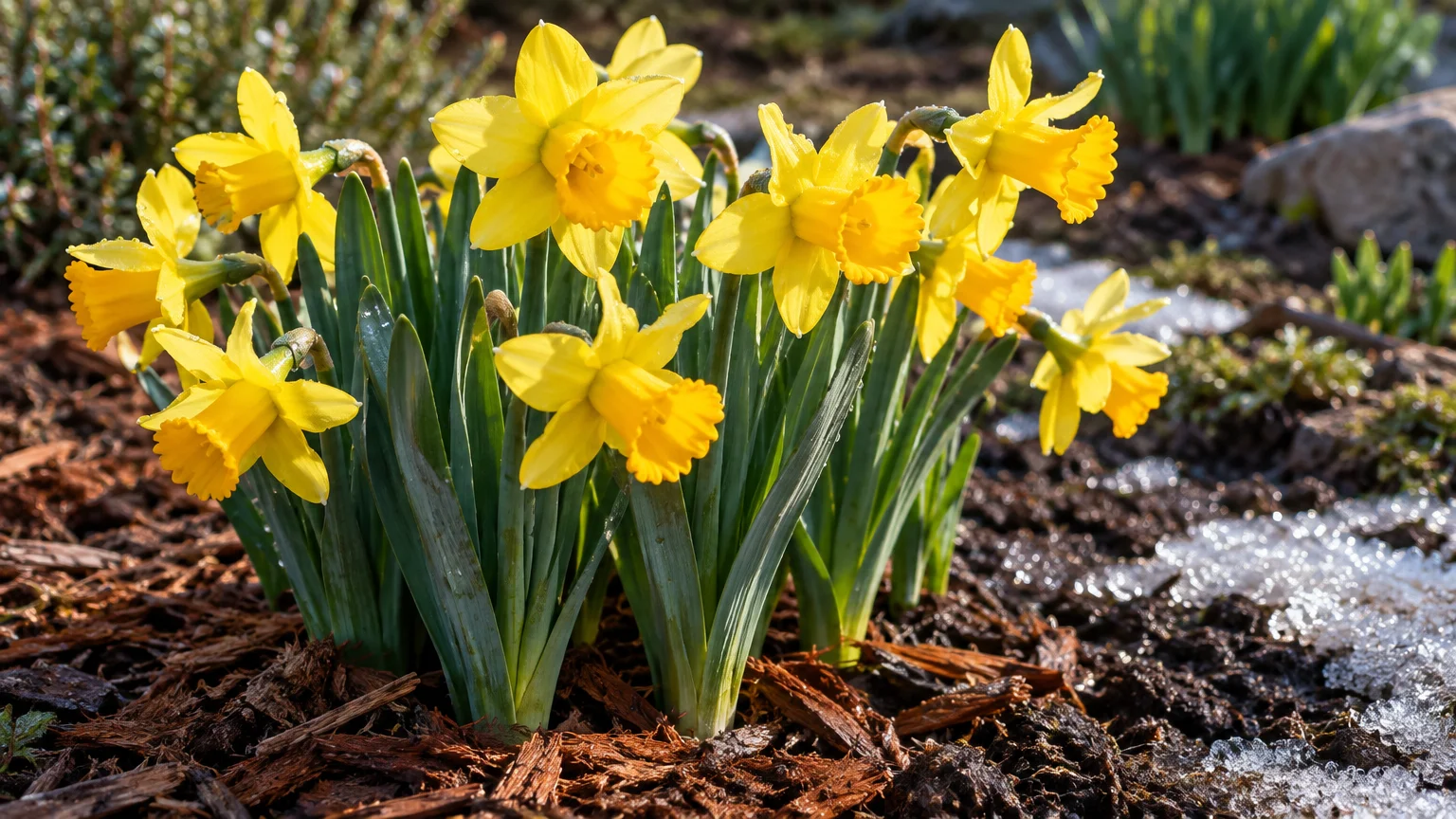 Bright yellow daffodils blooming out of wood mulch next to melting patches of snow in garden soil.