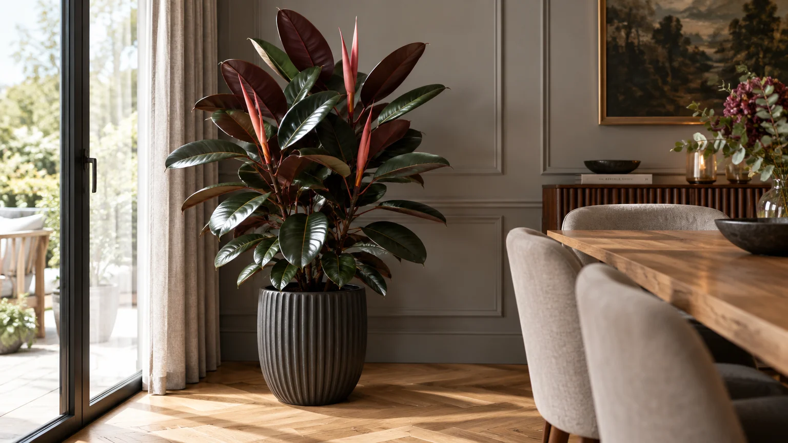Potted rubber plant with dark glossy leaves beside a glass door in an elegant dining room with hardwood floors.