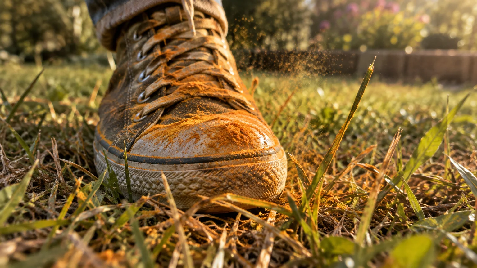 Close-up of a sneaker coated in bright orange fungal powder while stepping on dry lawn grass.