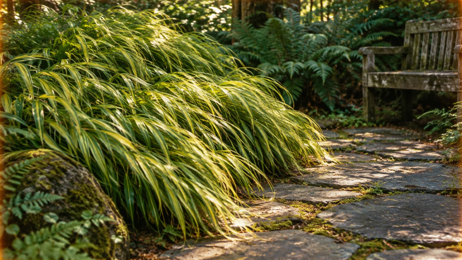 A large mound of golden, weeping Japanese forest grass spills onto a flagstone path beside a weathered wooden garden bench.