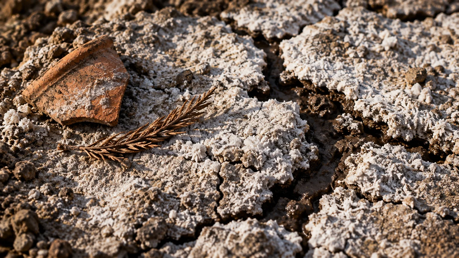 Cracked dry soil covered in white crystalline deposits, with a terracotta pot shard and dry twig lying on the surface.