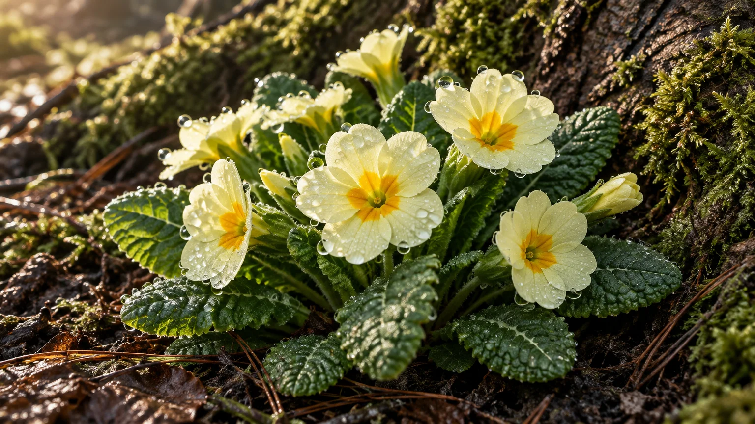 Pale yellow primrose flowers with orange centers and water droplets, growing in mossy soil beside a tree trunk.
