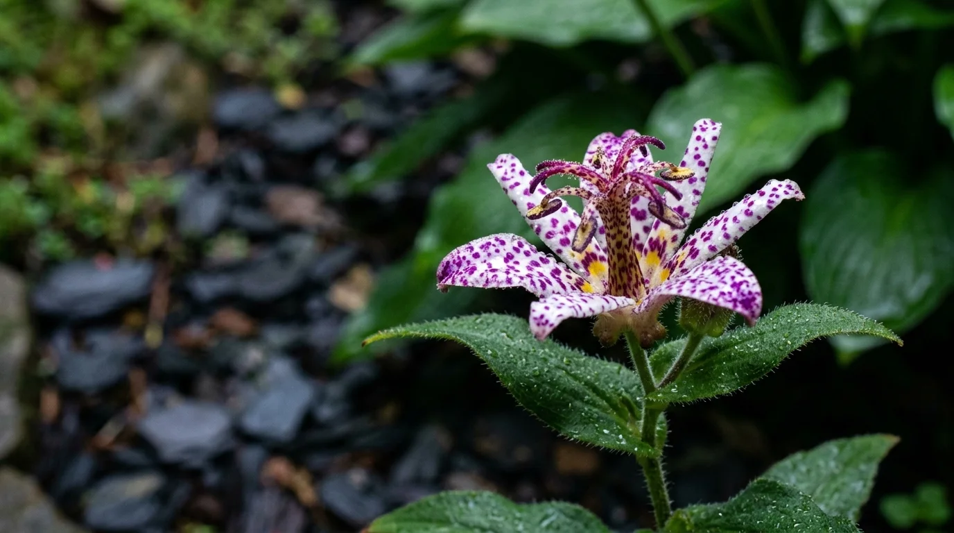 A purple-spotted white toad lily flower covered in dew drops surrounded by green leaves.