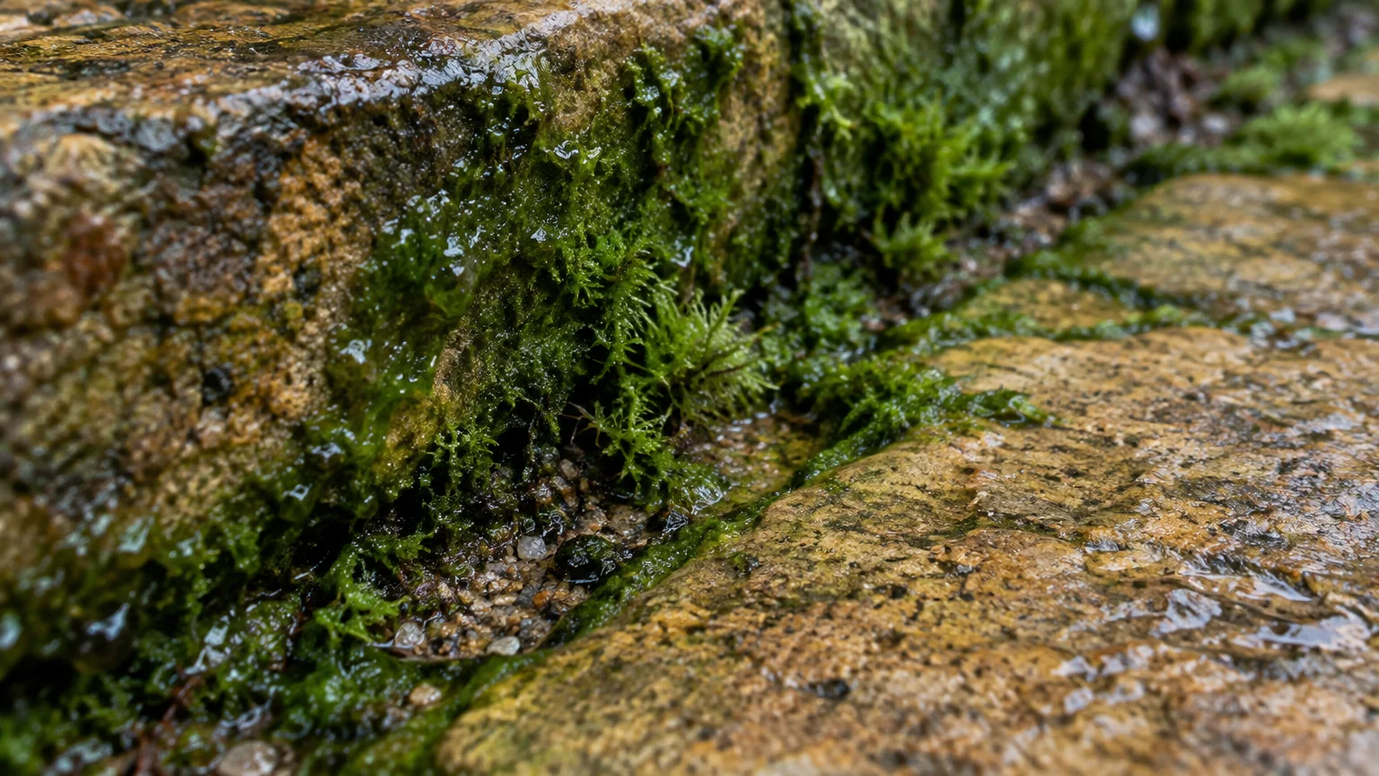 Close-up of wet stone pavers with green moss and slick algae growing along a damp joint.