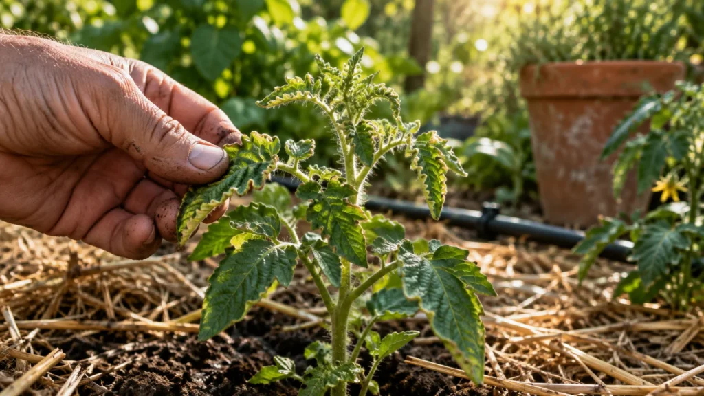 A gardener's hand holding a curled, yellow-edged leaf of a young tomato plant growing in straw-mulched garden soil.