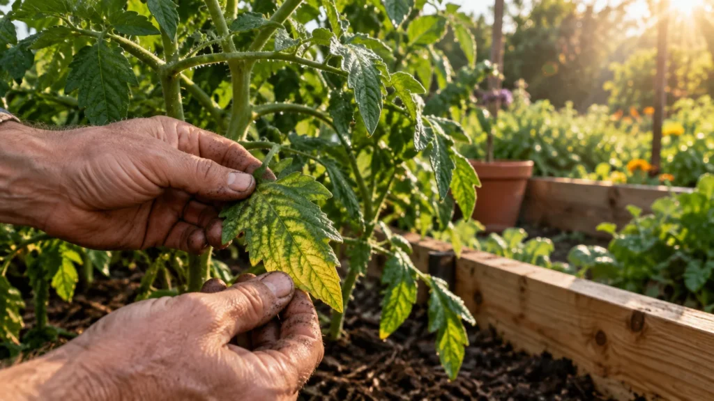 Dirty gardener hands inspecting a yellowing, chlorotic tomato leaf growing in a wooden raised garden bed.