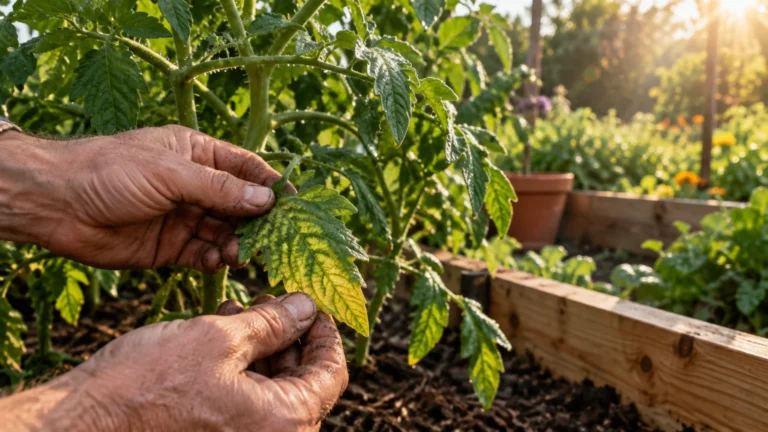 Dirty gardener hands inspecting a yellowing, chlorotic tomato leaf growing in a wooden raised garden bed.