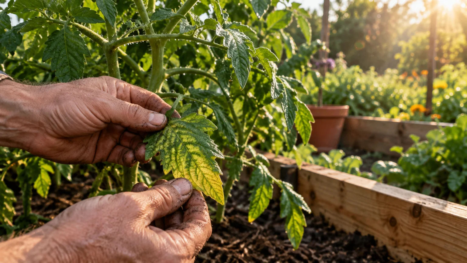 Dirty gardener hands inspecting a yellowing, chlorotic tomato leaf growing in a wooden raised garden bed.