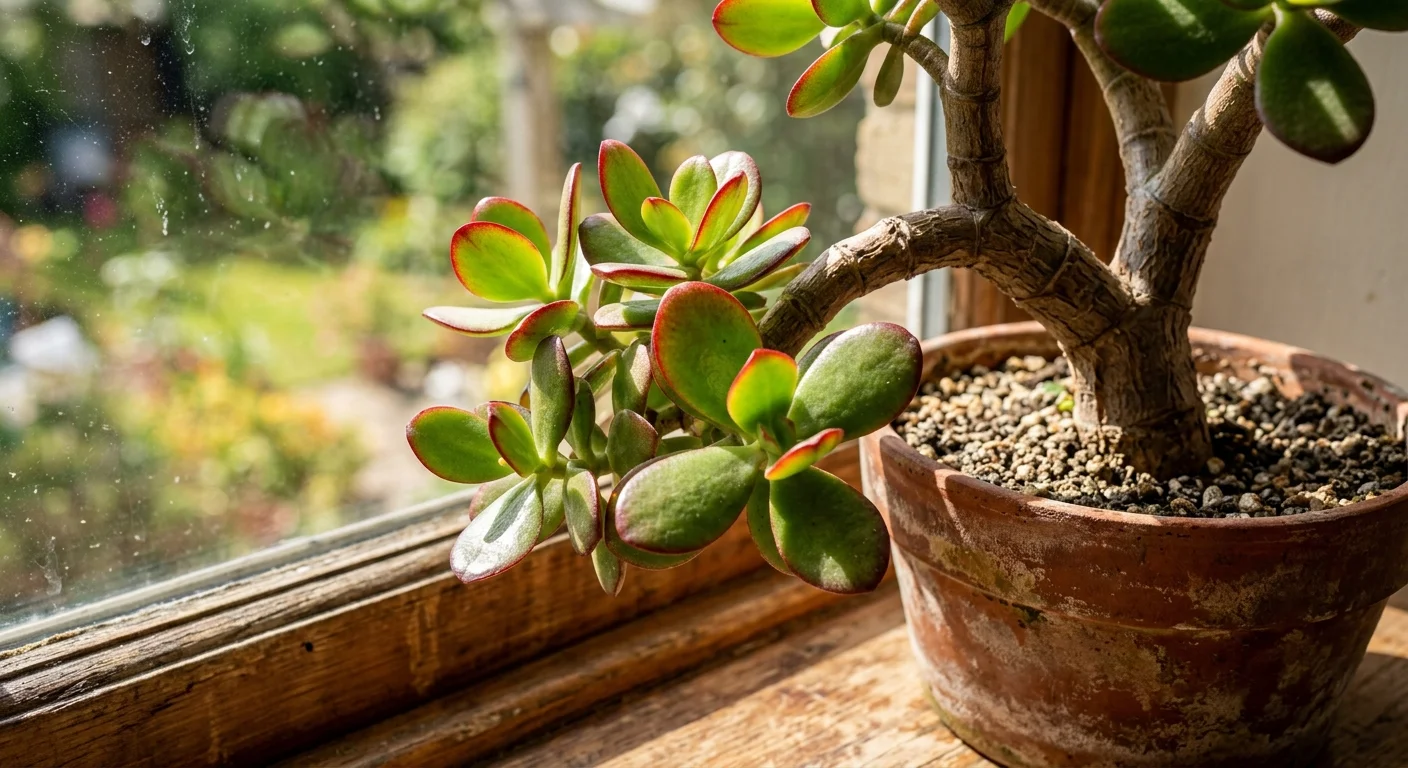 Potted jade plant with thick woody stem and green leaves edged in red, sitting on a wooden windowsill in bright sunlight.