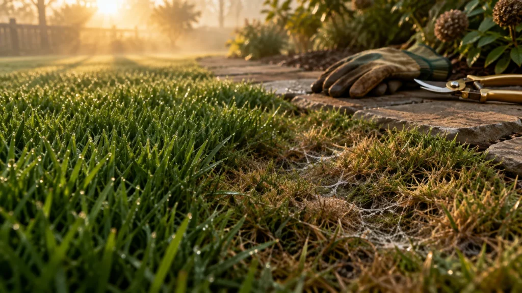 Close-up of dewy green lawn next to a brown, webbed patch of grass bordering a stone path with shears and a glove.