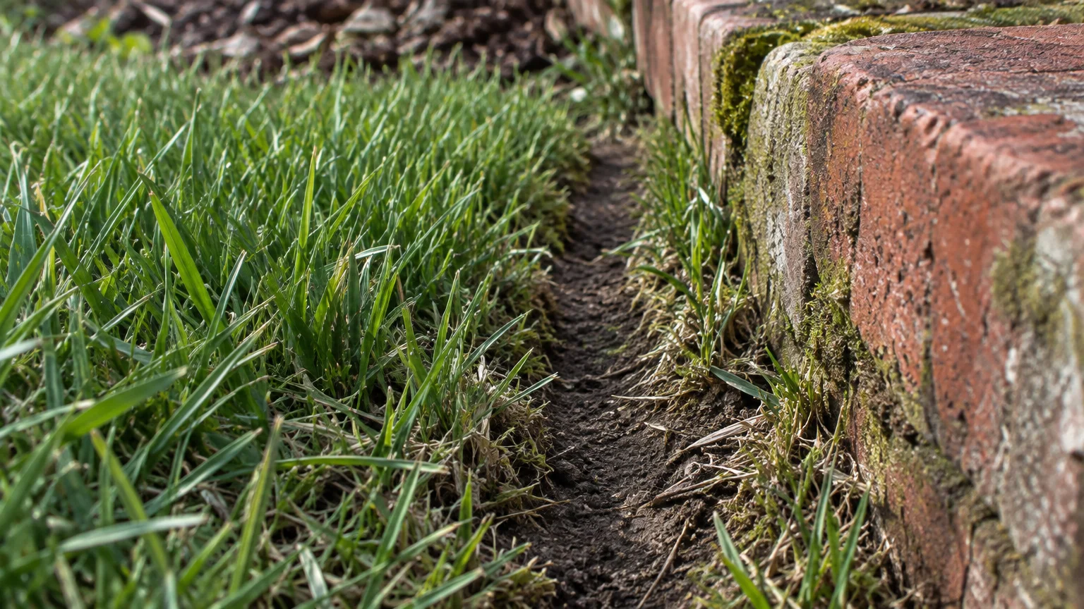 A narrow dirt trench runs between green lawn grass and a mossy red brick garden edging.