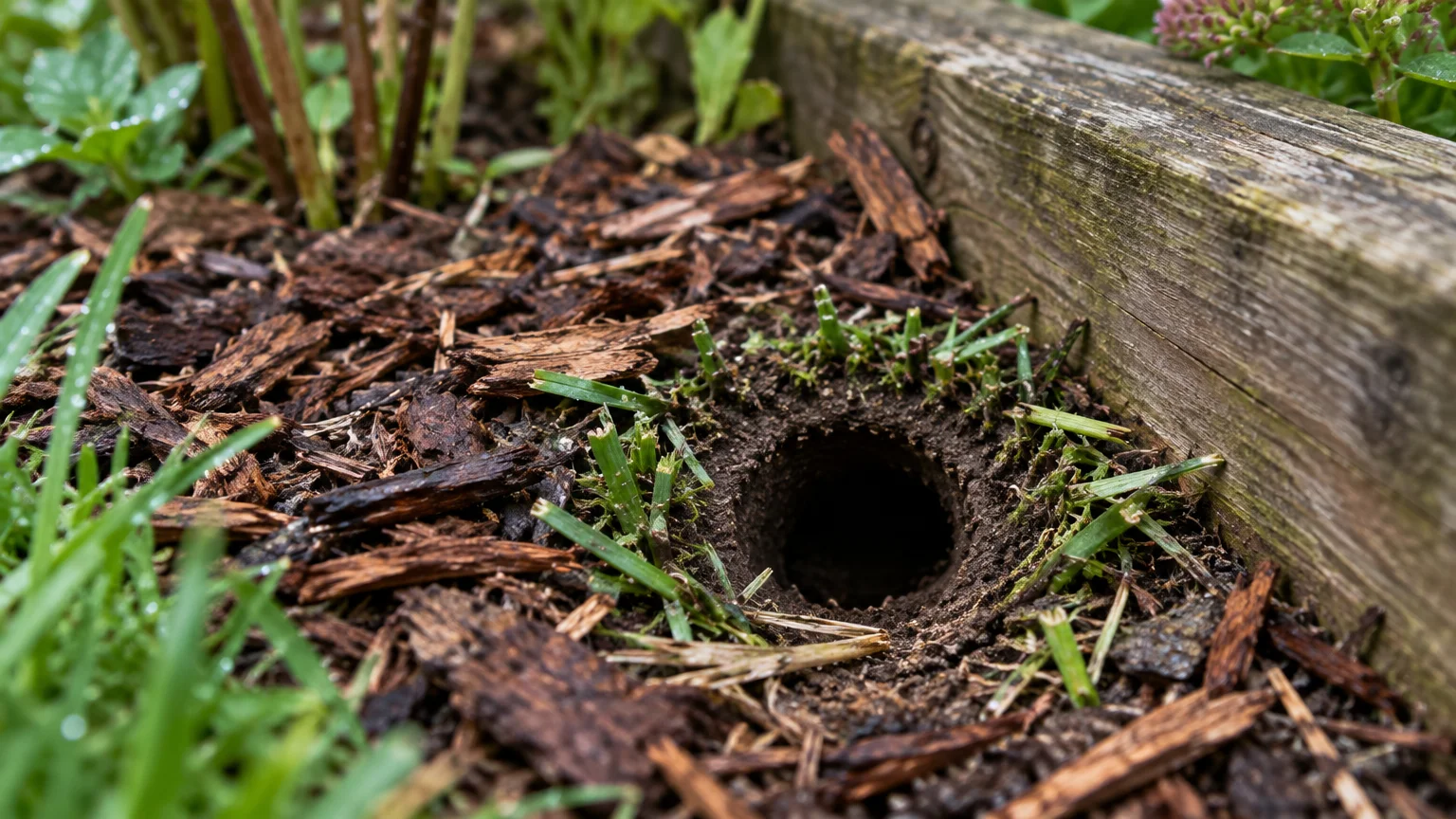 A round, clean burrow hole in dark soil surrounded by wood mulch, trimmed grass, and a wooden garden bed border.