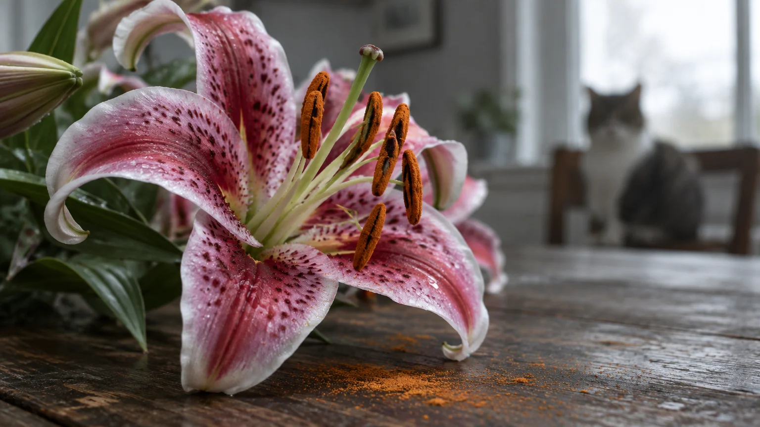 A pink Stargazer lily on a wooden table with spilled orange pollen, while a cat sits blurred in the background.