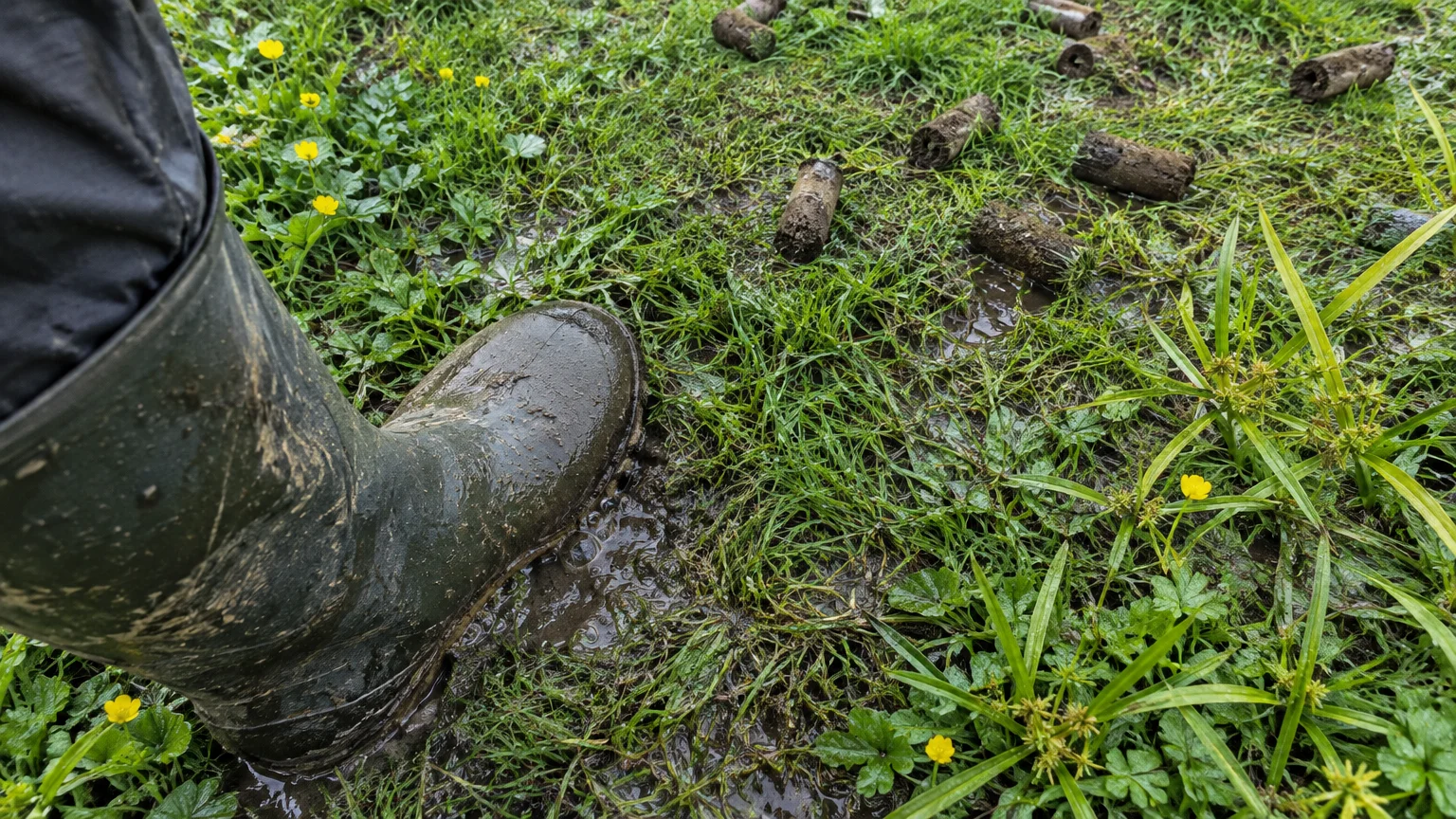 Muddy boot stepping on waterlogged grass scattered with soil aeration cores.