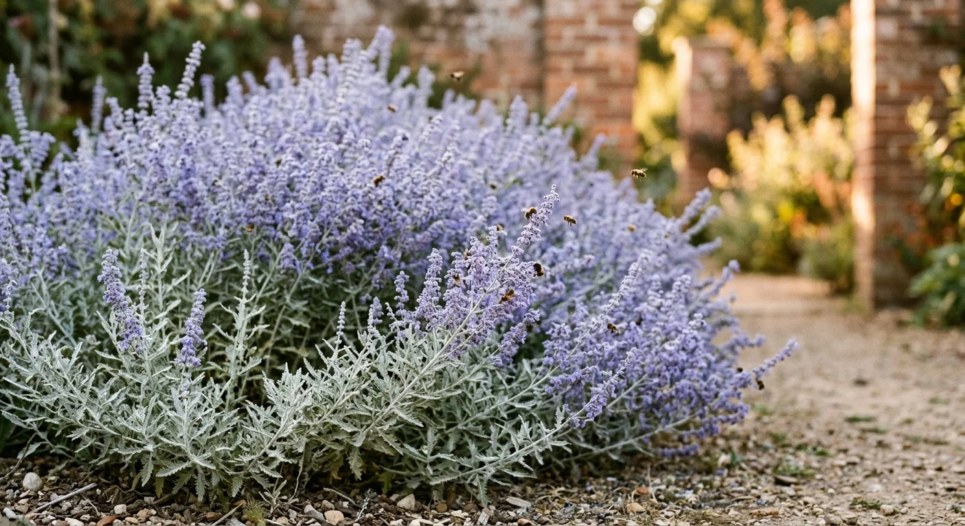 Bushy Russian sage with silvery leaves and lavender-blue blooms growing along a gravel garden path.