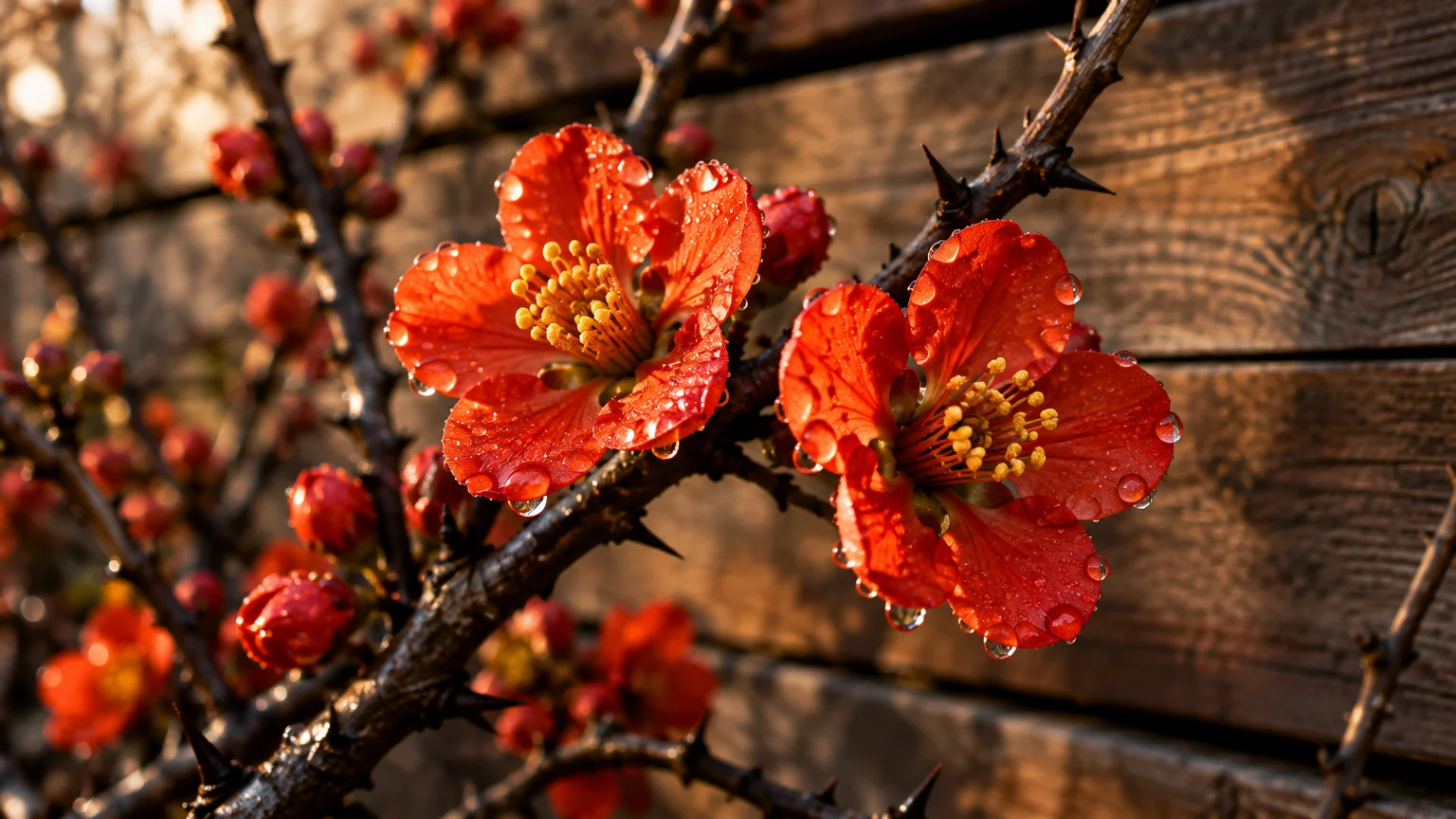 Close-up of vibrant red flowering quince blossoms covered in water droplets along thorny branches against a wooden fence.