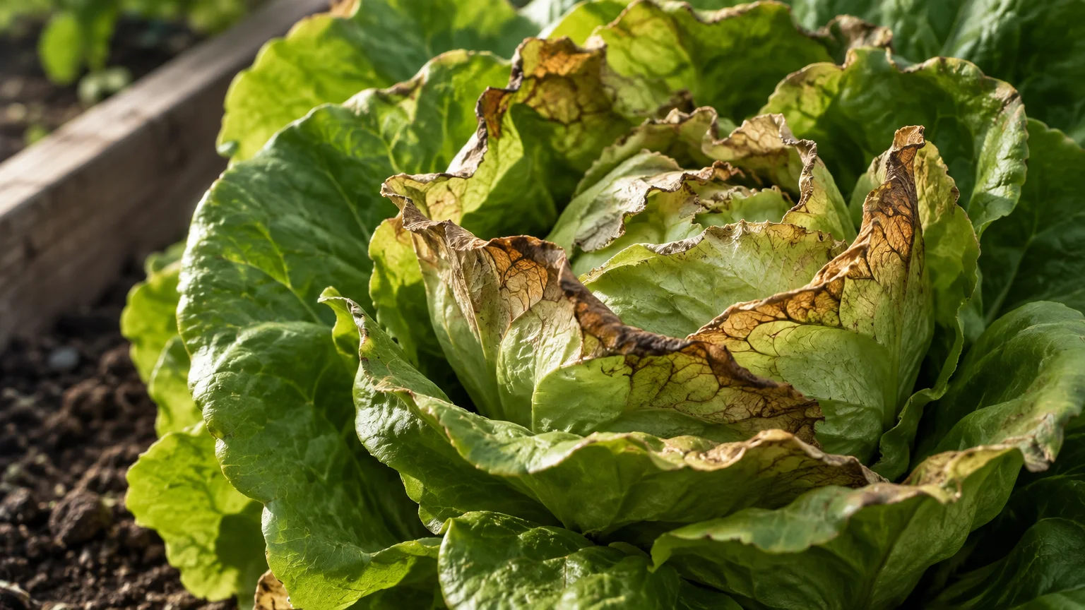 Close-up of a head of green lettuce growing in a garden bed with dried, brown, crispy edges on its inner leaves.