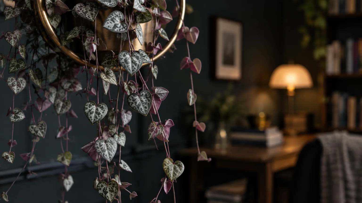 Close-up of a string of hearts plant with mottled green and purple leaves cascading from a round brass hanging planter.