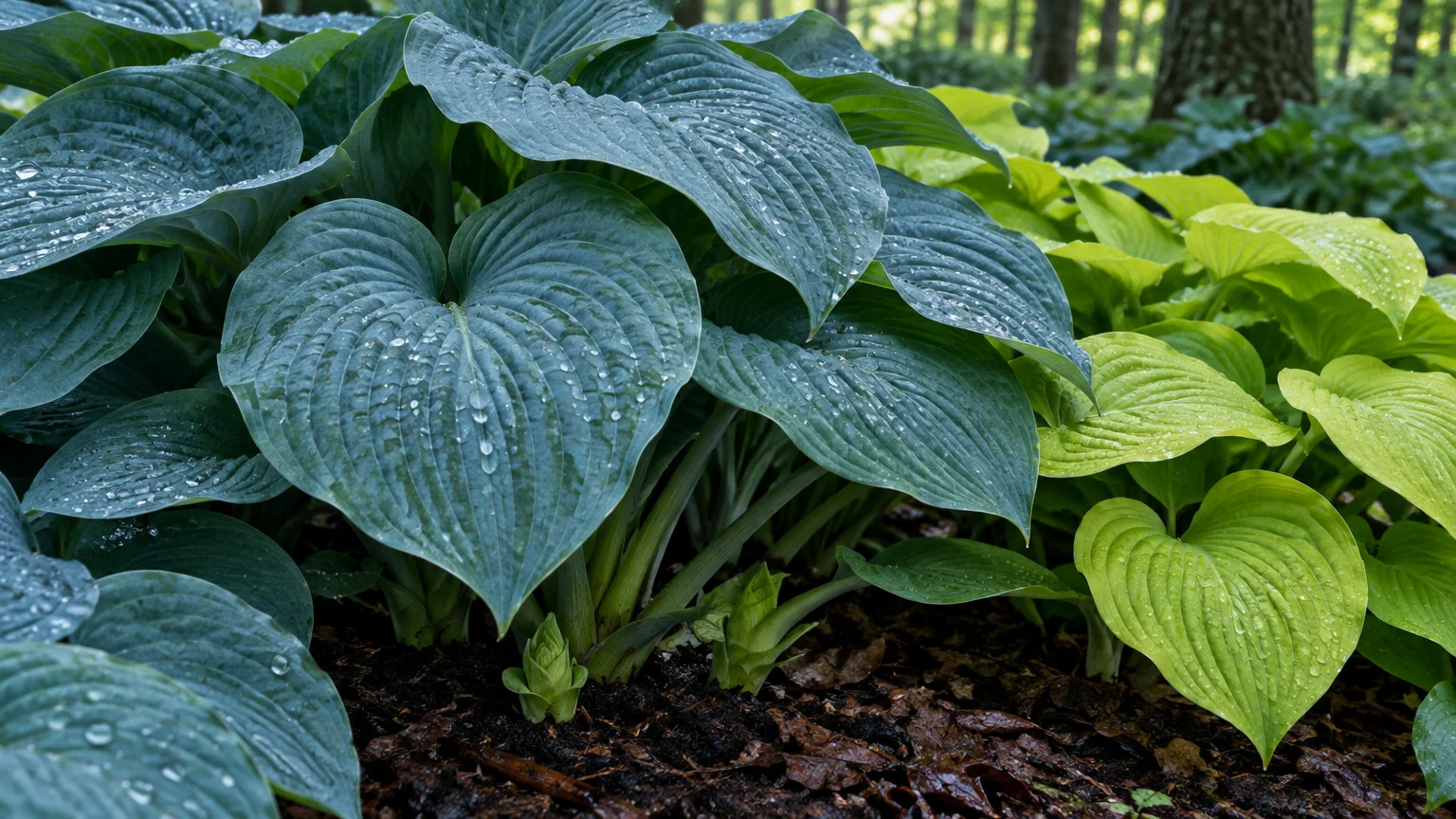 Close-up of lush, ribbed blue-green and bright chartreuse hosta leaves covered in water droplets in a woodland garden.
